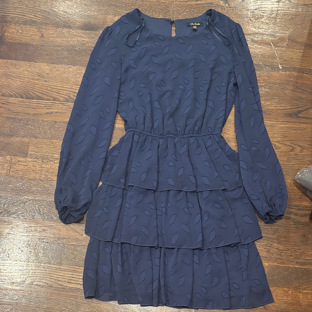 City Studio Navy Long Sleeve Tiered Dress